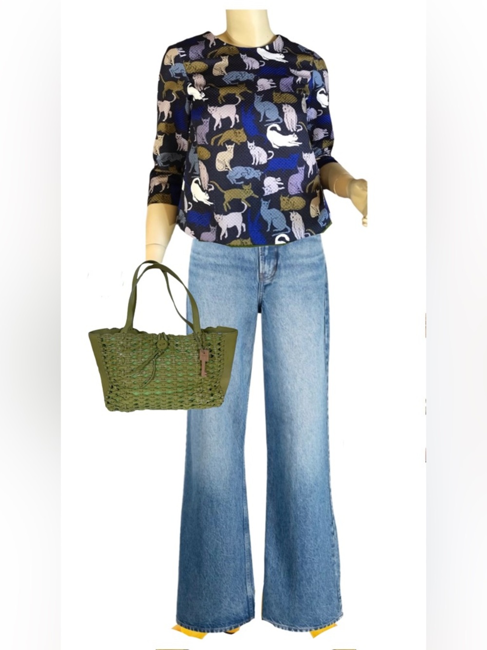 H&M BLUE AND GREEN CAT PRINT SWING CROPPED TOP (2)